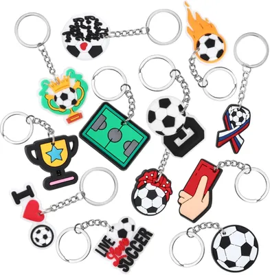 Produktbild von Fußball Schlüsselanhänger, 24 Stück, 12 Designs, weiches PVC, für Sportparty