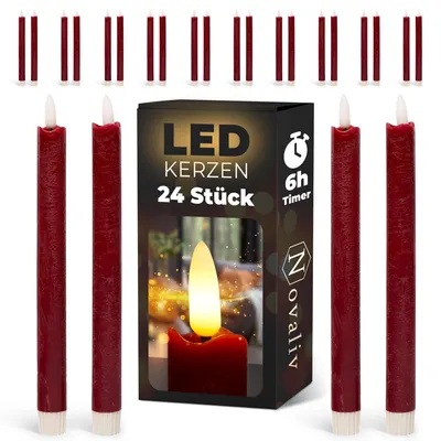 Obrázok produktu pre LED tyčové sviečky, 24 ks, z pravého vosku, červené – s časovačom na 6 hodín – výška 24 cm, pre sviečky s priemerom 2,2 cm, vyžadujú 2 batérie typu AAA; LED tyčové sviečky, sada 4 ks, červené (šesťkrát), s pohyblivým plameňom