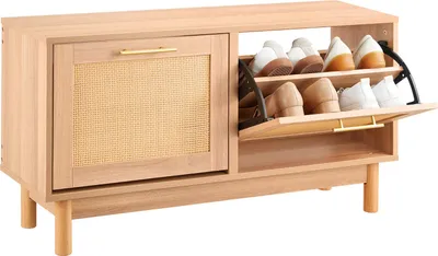 Zdjęcie produktu dla Ławka na buty VEVOR (100 x 30 x 53 cm), rattanowa ławka wejściowa z 2 składanymi szufladami, półka na buty z 4 przegrodami i 2 rattanowymi drzwiczkami (nośność 136 kg), do przedpokoju, salonu, sypialni