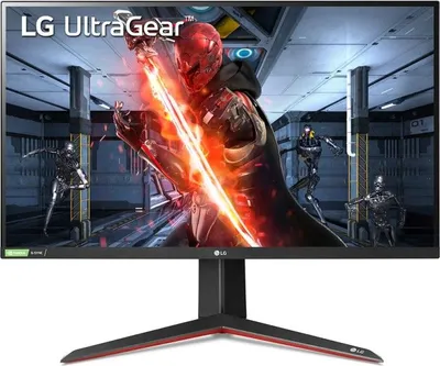 A gaming monitor displaying a vibrant, action-packed scene with futuristic characters and a prominent sword.