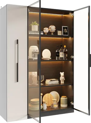 Produktbild von Merax Glasvitrine mit LED, Drei Türen, Auszugsschrank mit Regal, Vitrine Vitrinenschrank, Hochschrank, Bücherregal, 110.5x35x160cm, Weiß+Schwarz