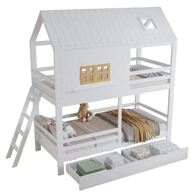 Zdjęcie produktu dla Łóżko piętrowe 90x200 cm, białe, wykonane z drewna sosnowego, MDF i sklejki, z daszkiem, oknem, 2 szufladami i drabiną, idealne do pokoju dziecięcego