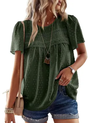 Immagine prodotto di Blusa da donna, collezione estate: maniche corte, scollo a V con pizzo, design fluido, tunica casual, comoda composizione di materiali, top