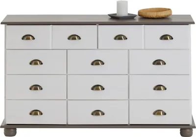 Produktbild von Schubladenschrank COLMAR Weiß/Taupe - Apothekerkommode mit Muschelgriffen aus Metall. 11 Schubladen, Sideboard im Landhausstil, Kiefer Massivholz