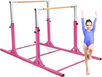 Image de COSTWAY Barres de gymnastique, barres de gymnastique réglables en hauteur et en largeur, barre fixe pouvant supporter une charge de 100kg, barres d'entraînement pour enfants de 6 à 12 ans Rose
