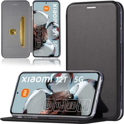 A product image showcasing a phone case for a Xiaomi 12T/12T Pro, displayed in multiple views and angles, including a close-up of the phone screen and the case's interior card slot.