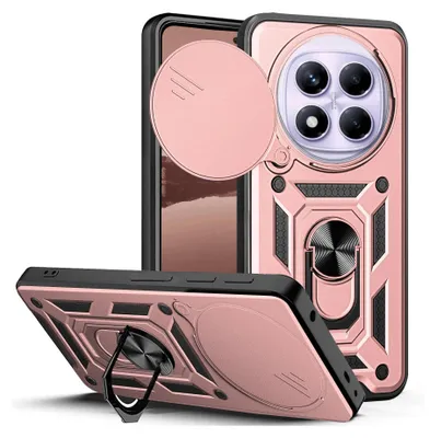 A rose gold phone case with a camera cover and a ring stand, shown from multiple angles.
