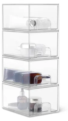 Produktbild von Stapelbare Aufbewahrungsschubladen aus Kunststoff, Aufbewahrungsbox, Kosmetikorganizer, transparent, 19,1 cm x 15,2 cm x 11,4 cm, 4er-Pack