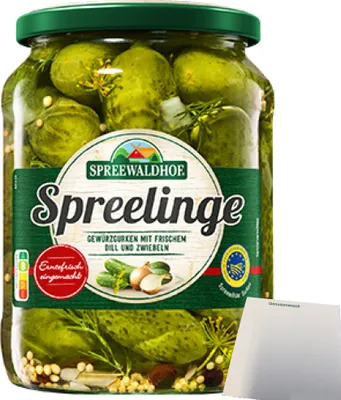 Produktbild von Spreewaldhof Spreelinge Gewürzgurken mit Dill und Zwiebeln (670g Glas) + usy Block