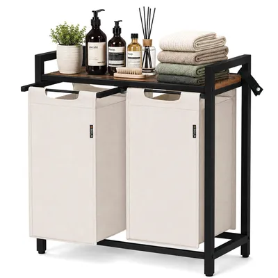 Immagine prodotto di Roxlin Portabiancheria 2 Scomparti 100L – Cesto per Bucato con Ripiano, Struttura in Metallo e Sacchi Rimovibili per Bagno e Camera – Crema