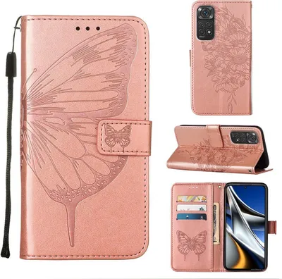 Image de Redmi Note 11S Housse, papillon gaufrage flip cuir porte-carte étui de protection en cuir avec support pour Xiaomi Redmi Note 11S / Note11 4G or rose