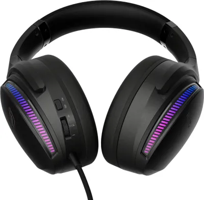 A pair of black gaming headphones with RGB lighting on the earcups.