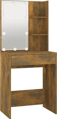 A vanity table with a mirror and lights.