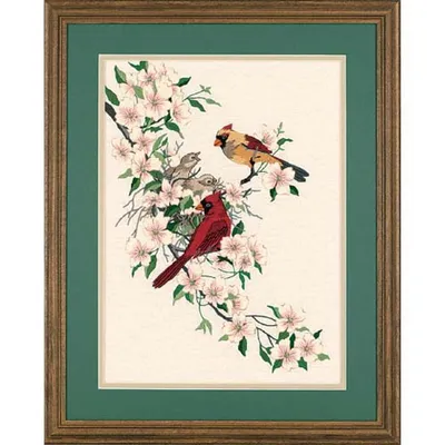 Imagen del producto de Kit para bordado a punto completo "Cardenales en el bosque", imagen bordada impresa, 27x38 cm