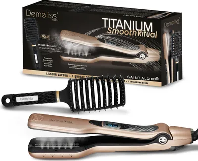 Obrázok produktu pre Parní žehlička Saint Algue Demeliss TITANIUM SMOOTH RITUAL, titánové platničky, 40 ml nádržka, kefa na rozčesávanie, zlatá
