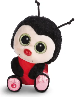 A plush ladybug toy is sitting and facing forward against a white background.