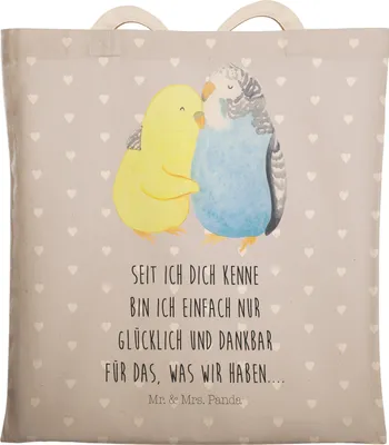 Produktbild von Mr. & Mrs. Panda Beuteltasche Wellensittich Liebe - Grau Pastell - Geschenk, Beziehung, Beutel, Verknallt, Kuscheln, Stofftragetasche, Umarmen, Tragetasche, Tote Bag