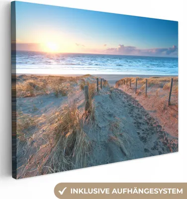 Produktbild von MuchoWow® - Leinwandbilder - Strand - Meer - Sonne - Düne, Wandbild, Wanddeko Bilder Wohnzimmer, 80x60 cm