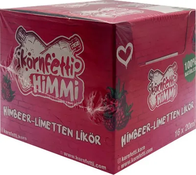 Produktbild von Kornfetti HIMMI Partybox, Himbeer-Limetten Likör, 15% Vol. 16x 0,02 l