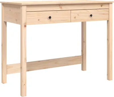 A plain studio shot of a wooden desk with two drawers.