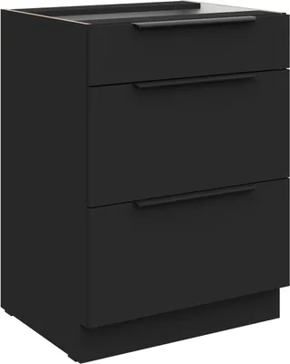 A black kitchen cabinet with three drawers is shown against a white background.