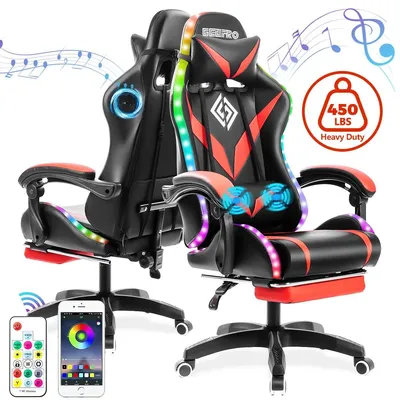 Produktbild von Gaming Stuhl - Bürostuhl - Lautsprecher integriert - LED Beleuchtung - Fußstütze - Ergonomisch höhenverstellbar - Kunstleder - Belastbar bis 204 kg - Rot