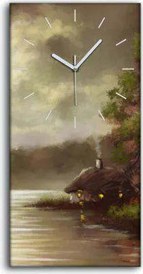 Produktbild von Dekor Leinwand Uhr Wandbilder 30x60 Gemälde See Bäume Hütten Boot Fischer Kunst - weiße Hände
