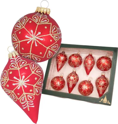 Produktbild von Krebs Glas Lauscha Weihnachtsbaumformen 8er Set - Kugel- & Tropfen - Rot matt mit Glitterverzierung - 8-10 cm