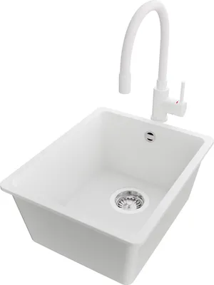 Produktbild von PRIMAGRAN Granitspüle Weiß 36x44cm, Spülbecken 1 Becken + Küchenarmatur 38x14cm + Ablauf-Set, Küchenspüle ab 40er Unterschrank - Venedig Slim Easy