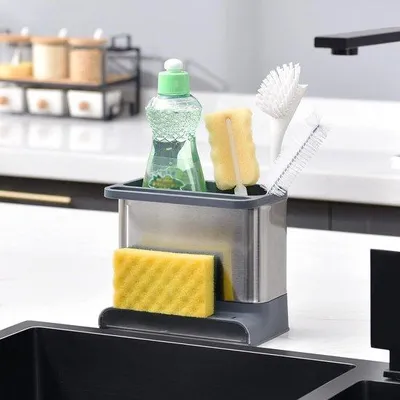 Imagen del producto de Organizador para fregadero Unyqoos® de acero inoxidable: soporte para esponjas y cepillos con bandeja de goteo, color gris, 18 x 12 x 15,5 cm