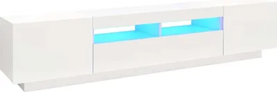 A white TV stand with blue LED lighting.