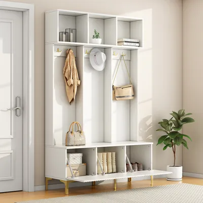 Obrázek produktu pro MODFU Předsíňový set 120×40×191 cm – Kleiderschrank s lavicí, bílá Garderobe se 6 zlatými háčky a nohami, multifunkční Flurmöbel s úložným prostorem