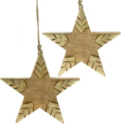 Produktbild von Stern Mangoholz Natur, Großer Dekostern Golden zum Hängen 25cm, Weihnachtsschmuck 2er Set, 2 Stück