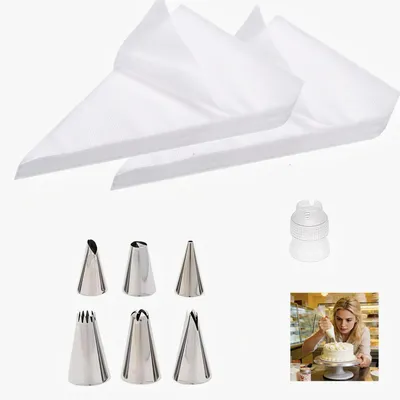 Produktbild von Spritzbeutel Einweg 100 Stück mit 7 Edelstahl Spritztüllen 20x30 cm