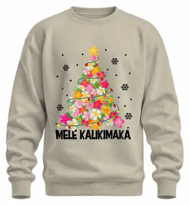 Imagen del producto de MELE KALIKIMAKA. Suéter con capucha uni, estilo navideño hawaiano, con motivos de plumeria y playa tropical. Talla XL