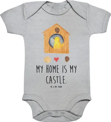 Produktbild von Mr. & Mrs. Panda Strampler Baby Vogel Haus 1. - 3. Monat - Heather Grey - Geschenk, Familie, Vögel, Zuhause, Babybody, Castle, kurzarm, Wohnung, Kurzarmbody, Vogelhaus