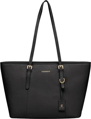 A black leather tote bag with gold hardware, presented against a white background.