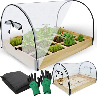 Produktbild von holz4home® Frühbeet mit Überdachung I Gemüsebeet Blumenkasten mit Folie I inkl. Einlegevlies + Gartenhandschuhe I Treibhaus Hochbeet