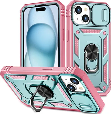 Image de Étui pour iPhone 15 Plus protection coulissante de l'appareil photo, résistant aux chocs, avec porte-anneau, support et porte-cartes Rose Vert