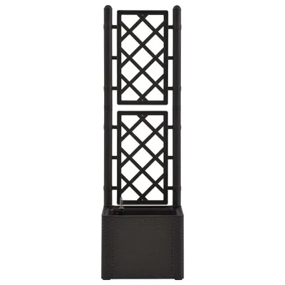 A black planter with a trellis on a white background.