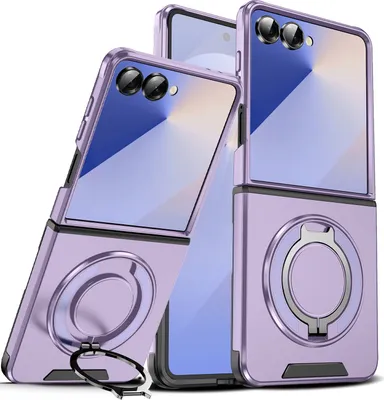 Immagine prodotto di Custodia a doppio strato per Samsung Galaxy Z Flip7, con copertura scorrevole della fotocamera e supporto ad anello magnetico Viola