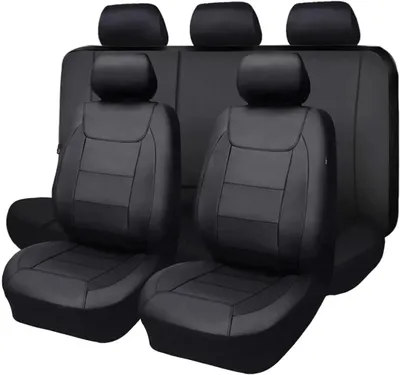 Produktbild von Auto Sitzbezüge Set - Universal 9-teilig - Strapazierfähiges Polyester - Kunstleder Optik - Für alle Jahreszeiten - Einfache Montage - Schwarz