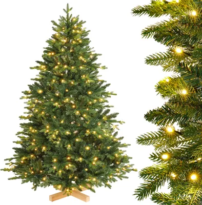 Produktbild von Yorbay künstlicher Weihnachtsbaum Nordmanntanne mit Beleuchtung LED Tannenbaum mit Holzständer für Weihnachten-Dekoration, aus PE und PVC, Mehrweg (180cm)