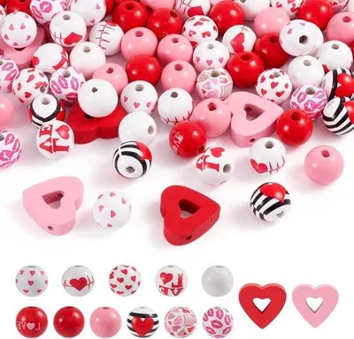 Produktbild von Holzperlen-Set 180 Stück runde und herzförmige Perlen DIY Schmuck