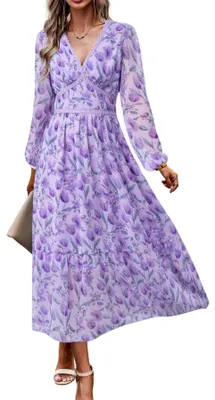 Produktbild von Damen V-Ausschnitt Langarm Wrap Maxikleid A Linie Empire-Taille Herbst Hochzeit