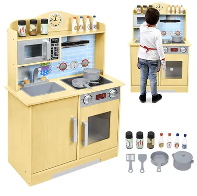 Image de Cuisine de jeu en bois pour enfants, comprenant une plaque de cuisson, un évier et un micro-ondes. Hauteur : 92 cm. Jouet pour enfants à partir de 3 ans. Modèle B ELC1074