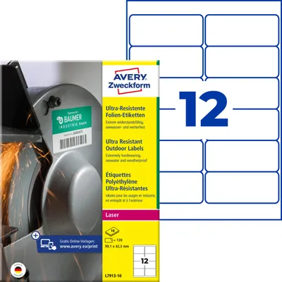 Produktbild von Avery Zweckform L7913-10, Ultra-Resistente Folien-Etiketten, A4, 99,1 x 42,3 mm, 120 Etiketten / 10 Bögen, weiß