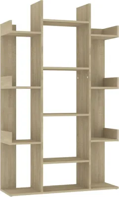 A tall, narrow, open bookshelf with multiple shelves of varying heights and widths.