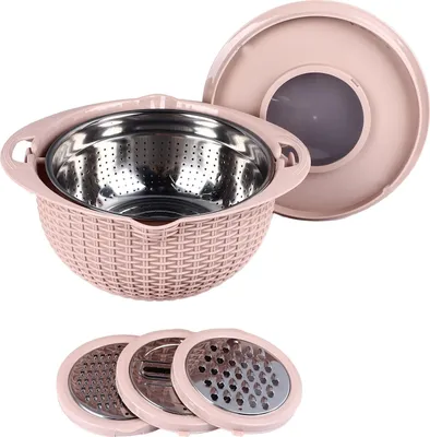 Obrázok produktu pre Sada sitka a misy 4 v 1 – otočné sitko na odkvapkávanie s krájacími vložkami, dvojvrstvové, nerezová oceľ, ergonomická rukoväť, misa na zeleninu, ružová