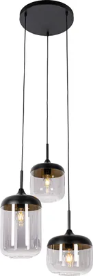 Produktbild von QAZQA - Design Hängelampe I Pendellampe I Pendelleuchte schwarz mit Gold I Messing und Rauchglas, 3-flammig, rund – Kyan I Wohnzimmer I Schlafzimmer - Rund - LED geeignet E27